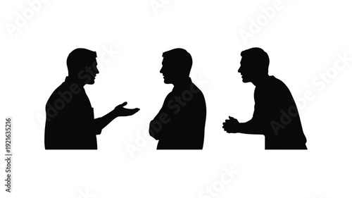 Three silhouetted figures appear to be engaged in a conversation