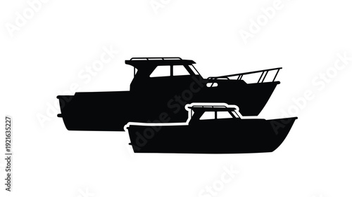 Silhouetted depiction of two fishing boats on a stark white background