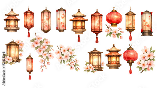 A charming watercolor collection of Chinese red lanterns, including traditional hanging lanterns, glowing pagoda lamps, red tassels, and delicate cherry blossoms.