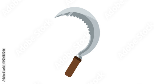 A detailed illustration of a vintage farming sickle with a curved blade and wooden handle, perfect for agricultural or historical themes