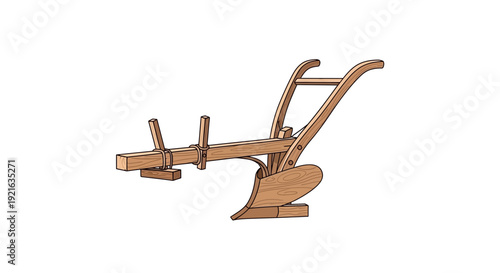 Vintage wooden plow, an agricultural tool used for tilling soil in preparation for planting, historical farming equipment