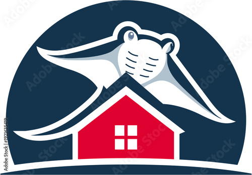 
Illustration of a stingray flying over a house. Blue and red colors.