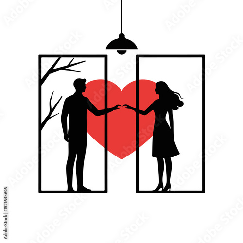 Broken Heart Relationship Concept – Separated Couple Silhouettes, Love Conflict, Breakup, Divorce, Emotional Distance Illustration
