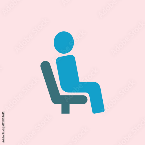A simple flat illustration of a blue passenger figure sitting in a grey chair on a pink background. Ideal for travel apps, public transport signage, waiting area icons, and map symbols.