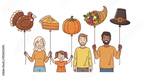 Family Holding Thanksgiving Symbols Together.
