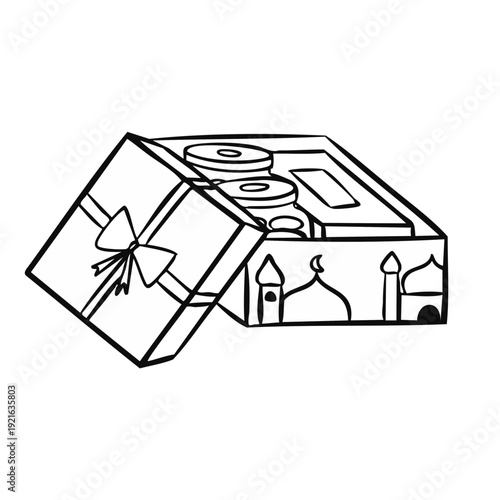 Eid Mubarak gift hamper illustration with mosque silhouette design