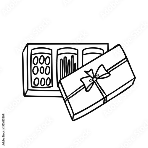 Open chocolate gift box with ribbon line art illustration.