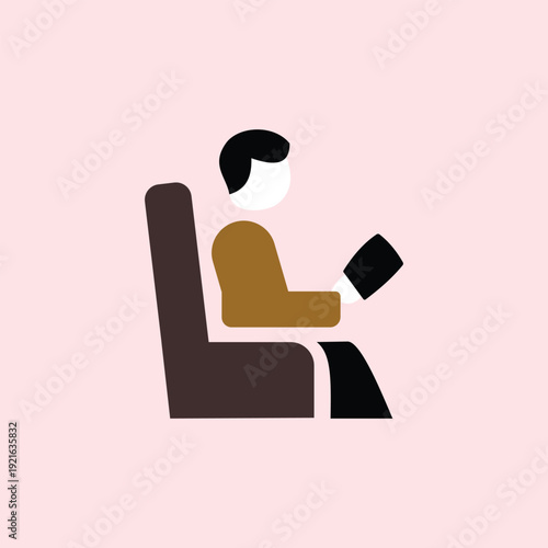 A simple flat illustration of a passenger sitting in a brown chair reading a book on a pink background. Ideal for travel apps, public transport signage, and educational lifestyle icons.