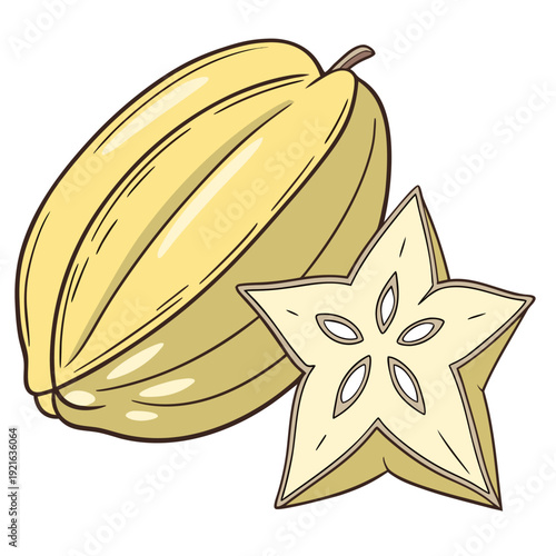 Yellow Star Fruit Whole and Cross Section Vector Illustration Transparent Background