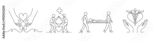 Continuous one line drawing of Gesture  sign of help and hope. Saving lives or emergency accident. Health  care  teamwork. Single line draw design vector illustration