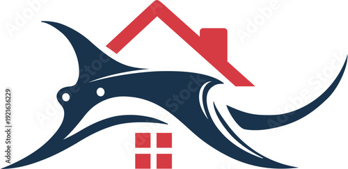 
Illustration of a stingray flying over a house. Blue and red colors.