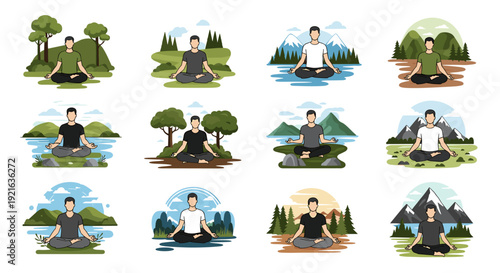 Men meditating in various natural landscapes flat design collection