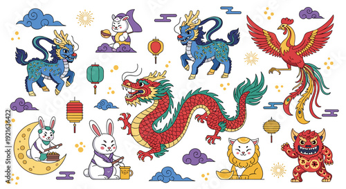 Mythological creatures and cultural symbols from Chinese folklore set