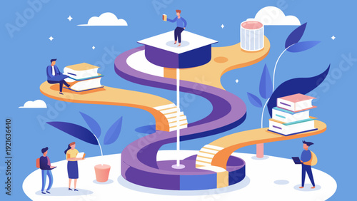 Career growth concept with winding path from books to graduation cap symbolizing education journey and professional success in flat vector illustration
