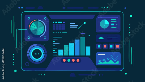 Business analytics dashboard interface with charts graphs and data visualization on computer screen in flat vector illustration
