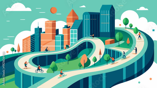 Sustainable city concept with elevated cycling highway and modern urban skyline promoting eco friendly transport and green mobility in flat vector style