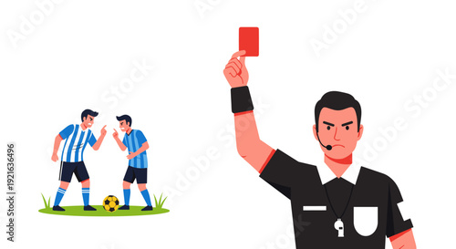 Referee shows red card to arguing soccer players on field