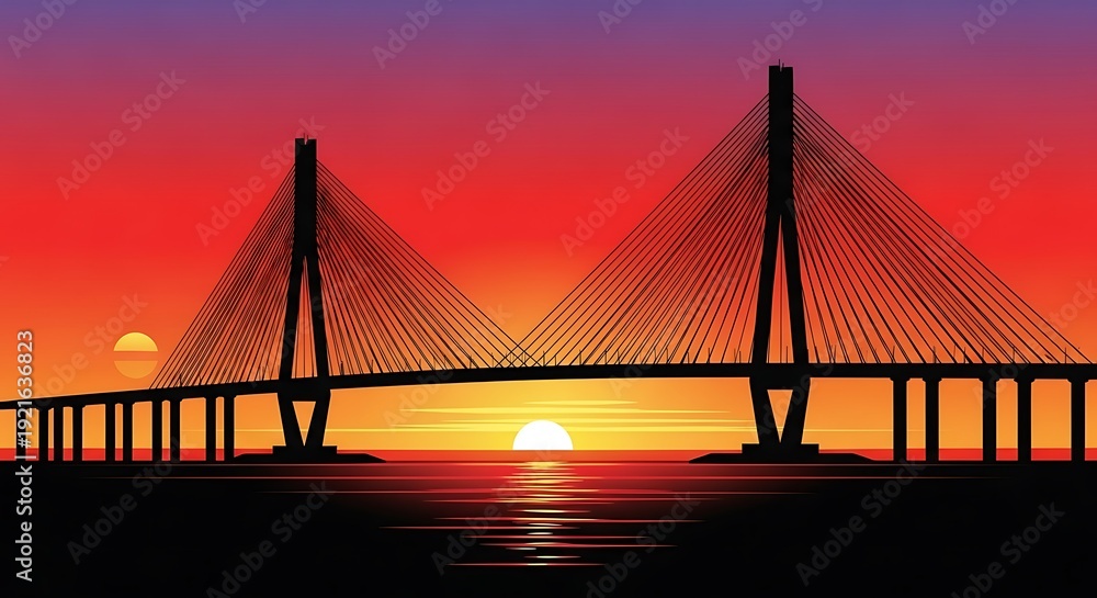 Fototapeta premium Sunset over a large cable-stayed bridge.