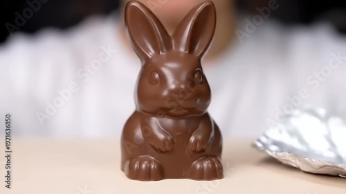 Hands unwrapping a delicious milk chocolate Easter bunny treat.