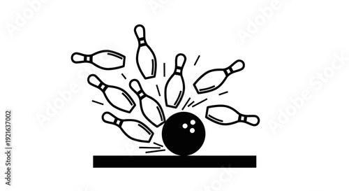 Bowling ball striking and knocking down pins in action on isolated white background.