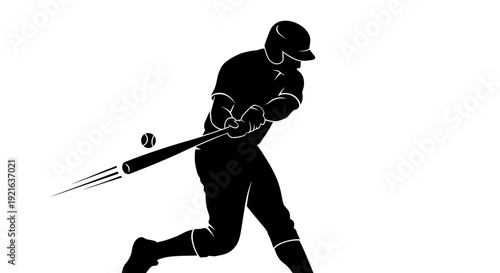 Silhouette of Baseball Player Hitting Ball with Bat, Dynamic Swing, isolated white background.