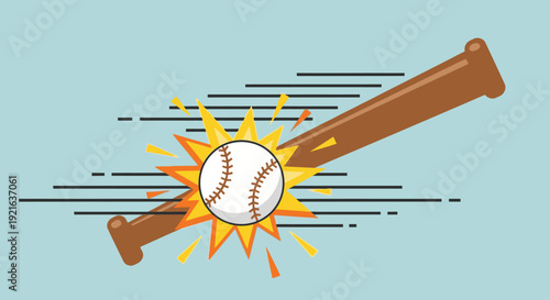 Baseball Bat Hitting Ball with Explosive Impact, Dynamic Sport Action, light blue background.