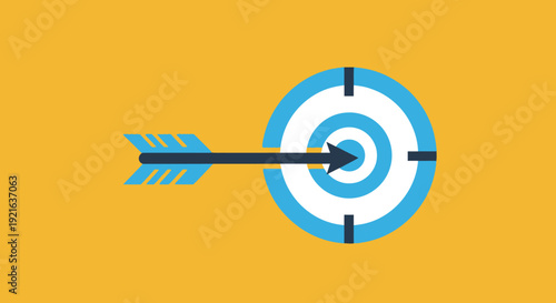 Arrow Hitting Center of Bullseye Target, Goal Achievement, yellow background.
