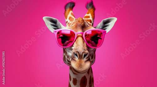 Cool giraffe wearing pink sunglasses on a vibrant pink background