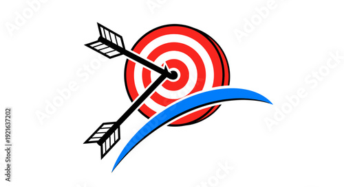 An arrow hitting the bullseye of a red and white target, with a blue swoosh underneath, symbolizing accuracy and achievement.