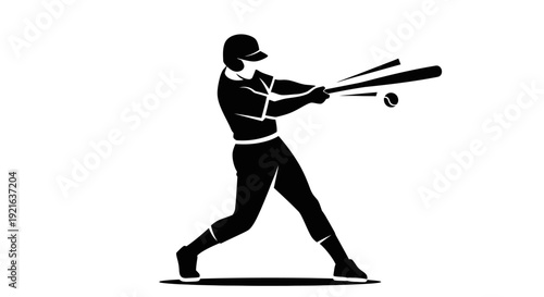 Black silhouette of a baseball player in action, swinging a bat and hitting a baseball, depicted in a dynamic pose against a white background.
