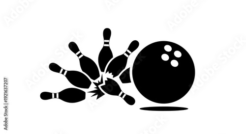 A black and white silhouette of a bowling ball striking several pins, causing them to scatter and fall in a dynamic action shot.