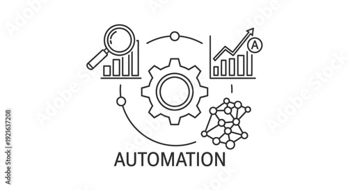 Conceptual line art illustration depicting the automation process involving data analysis, processing, and performance optimization.