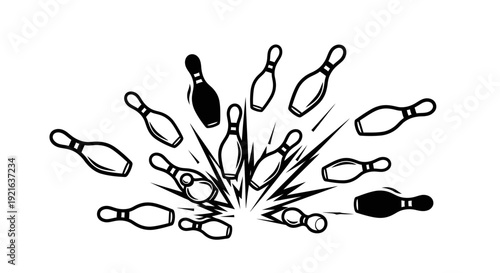 A dynamic black and white illustration depicting bowling pins scattering outwards from a central impact point, suggesting a strike or explosion.