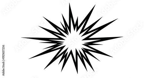 A bold black and white graphic illustration of a sharp, spiky starburst or explosion symbol with a central white void, representing impact or energy.