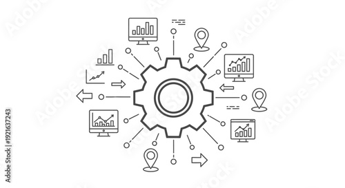 Abstract illustration of data processing, analytics, and system integration with a central gear icon and various data visualization elements.