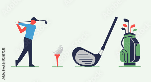A flat vector illustration depicting various elements of golf, including a golfer swinging, a ball on a tee, a club, and a golf bag with clubs.