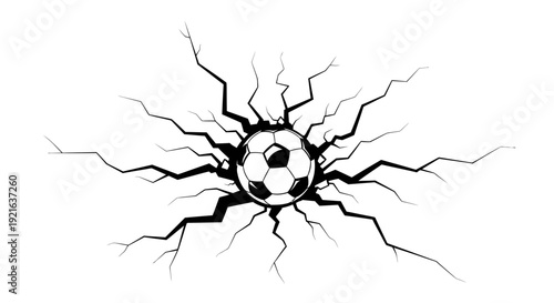 A soccer ball at the epicenter of radiating cracks, illustrating impact and power in a monochrome graphic style.