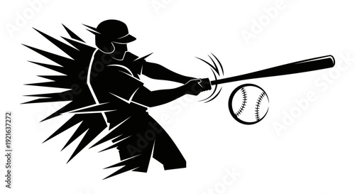 A dynamic black and white graphic illustration of a baseball player hitting a ball with speed and power, showing motion blur and sharp lines.