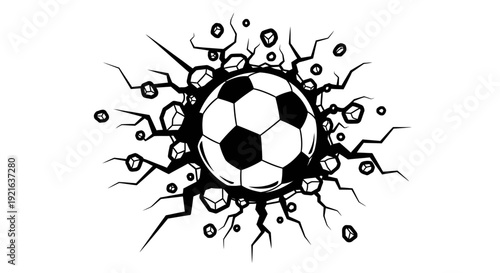Dynamic black and white illustration of a soccer ball breaking through a wall with cracks and debris.