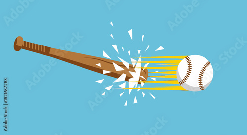 A baseball bat shatters into pieces as it makes forceful contact with a fast-moving baseball, creating an explosive impact.