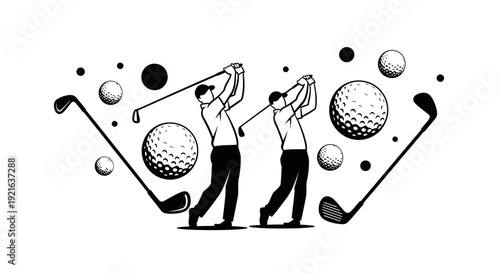 Stylized black and white illustration of two male golfers in mid-swing with golf clubs and balls scattered around them, depicting a dynamic sports scene.