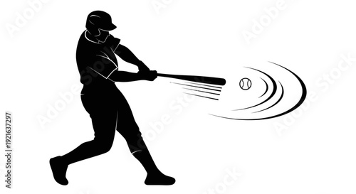 Silhouette of a baseball player hitting a ball with a bat, showing motion blur and impact, on a clean white background.