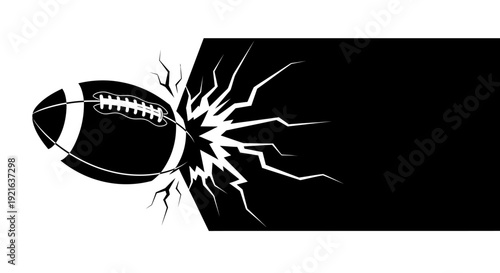 Dynamic black and white illustration of an American football breaking through a dark surface with a powerful, lightning-like impact effect, symbolizing speed and force.