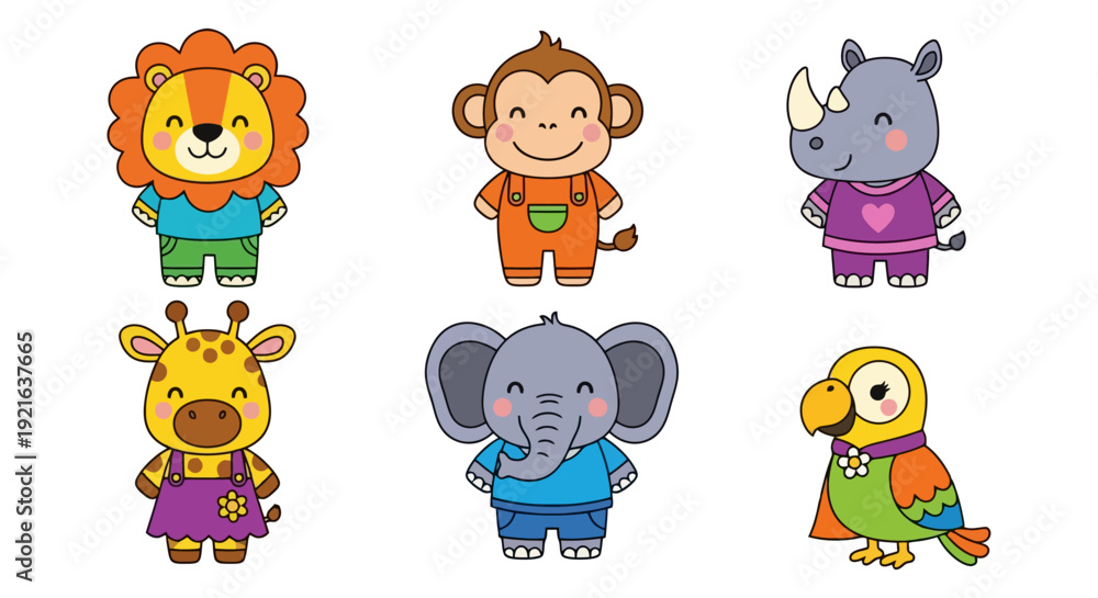 Fototapeta premium Cute Cartoon Safari Animals Collection Illustration.