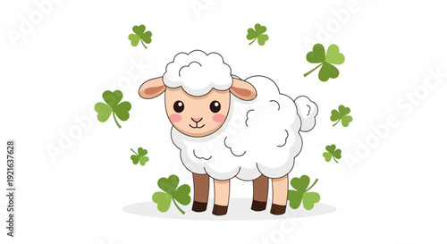 Cute cartoon sheep surrounded by shamrocks.
