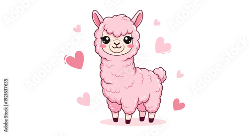 Cute Pink Alpaca Character with Hearts Illustration.