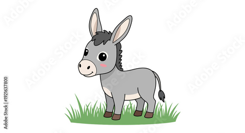 Cute Cartoon Donkey Standing in Green Grass Field.