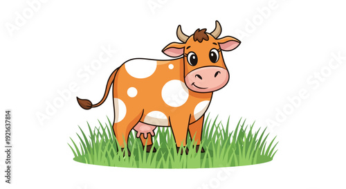 Cute cartoon cow with orange and white spots standing in grass.