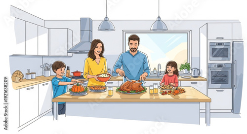 Family Preparing Meal Together Kitchen.