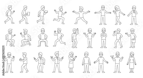Collection of Diverse People Poses and Actions in Outline Style.